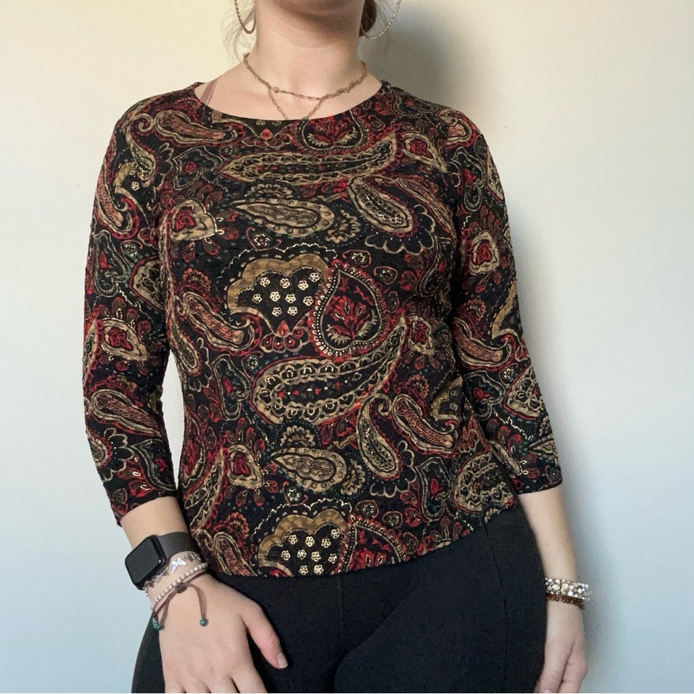 red, black, and gold metallic paisley print quarter sleeve top